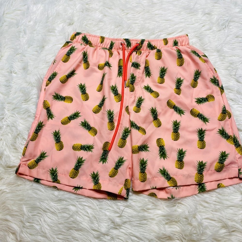 Mosmann Men's Short Drawstring Coral Pineapple Hawaiian 7" Swim Short Size Large